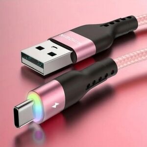 NEW Phone Charging Cable - USB-C 6.6 Ft Braided Cord with Colorful Light‎ (Pink)